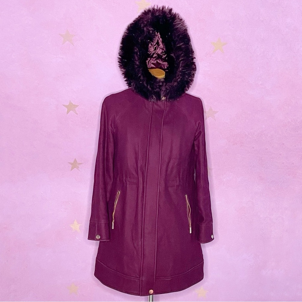 Ted Baker Maroon Burgundy Cashmere Wool Coat Rose Gold Hardware Faux Fur Hooded